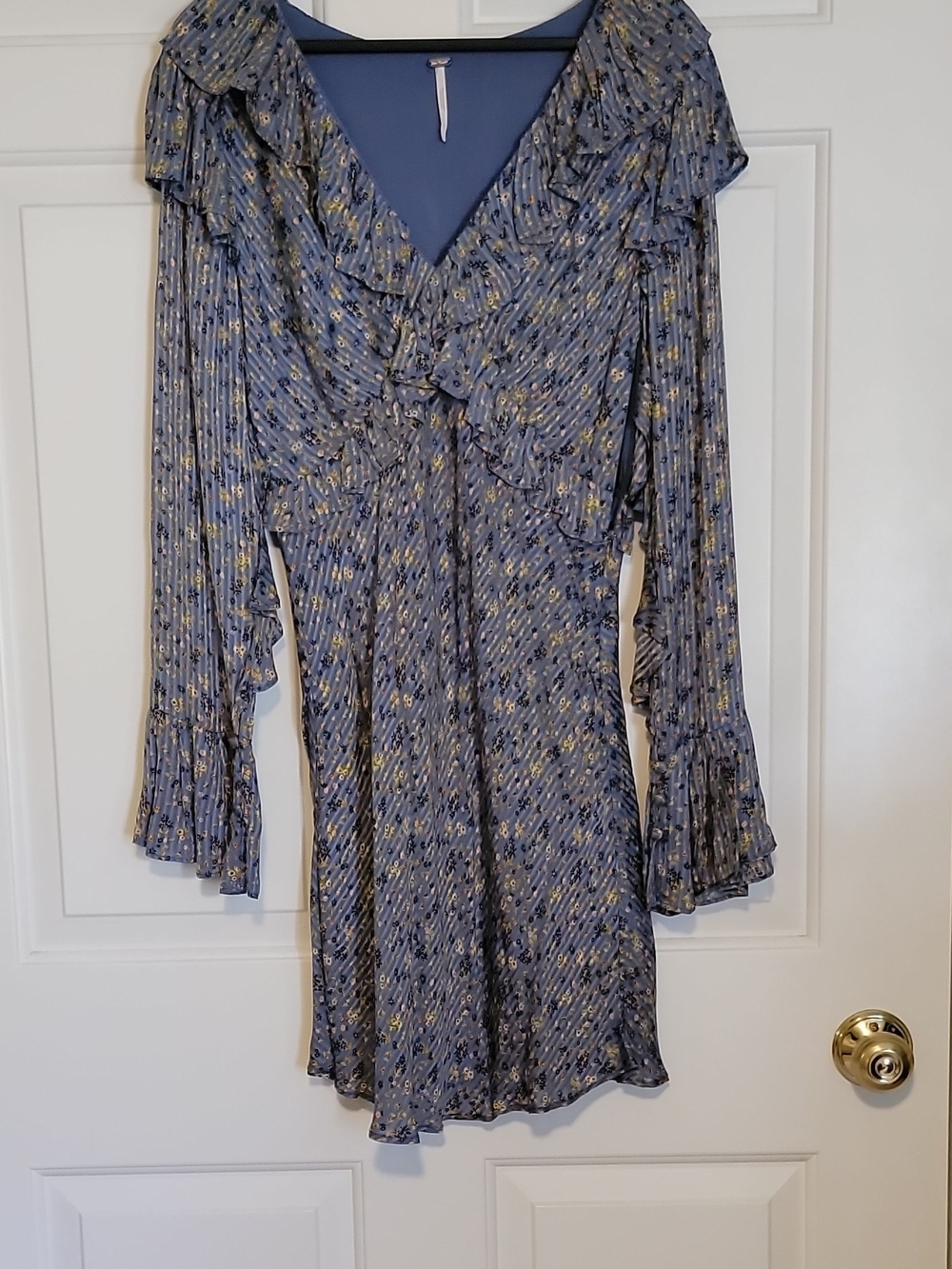 Free People Blue Floral Ruffle V-Neck Mini Dress